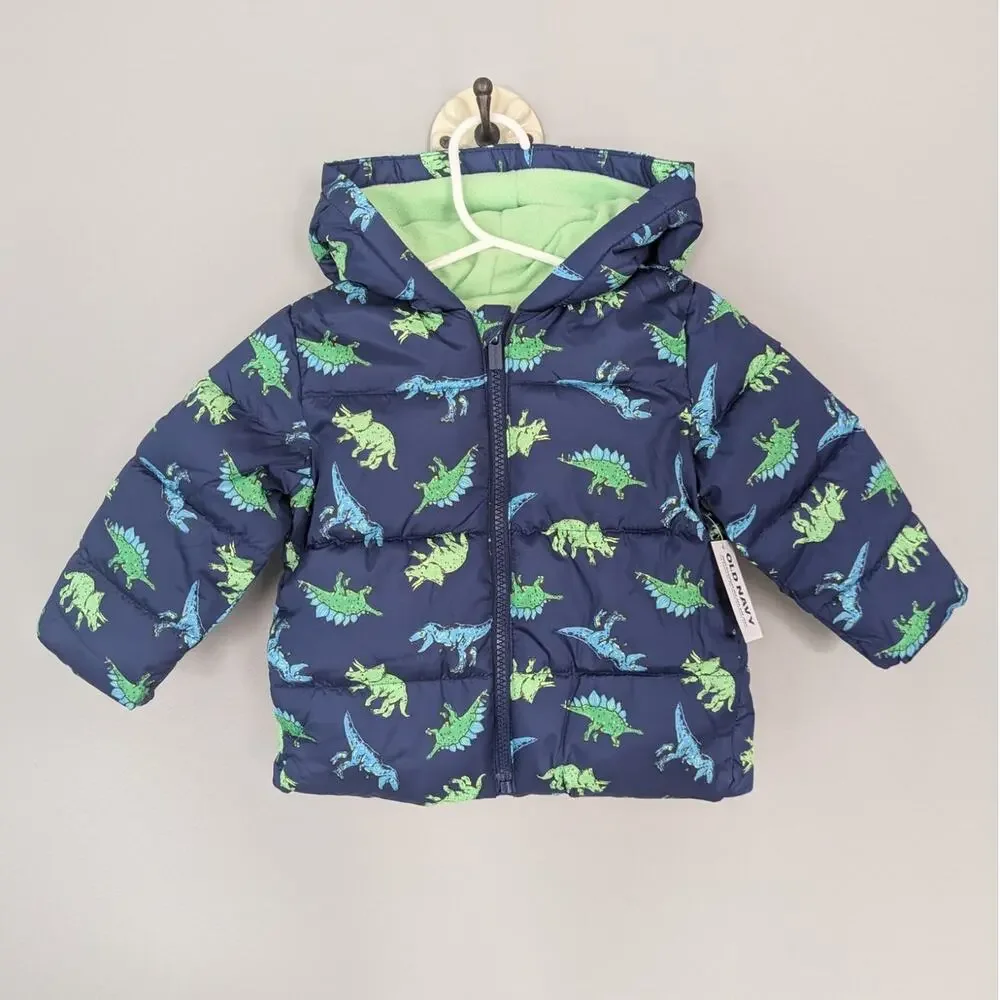 NWT Old Navy Blue Dinosaur Hooded Puffer Jacket Coat size 12-18 months